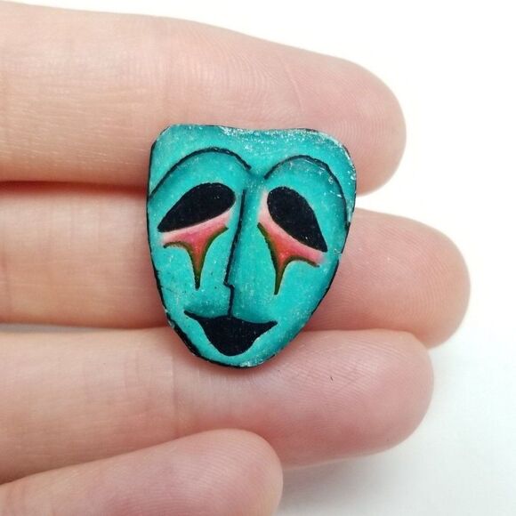 Vintage Blue Mask Shape Brooch, Interesting Design, Artsy, Retro Estate - Picture 1 of 6